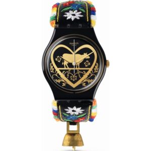 Swatch Die Glocke Original Gent Black Dial Black Embroidered Strap Ladies Watch GB285